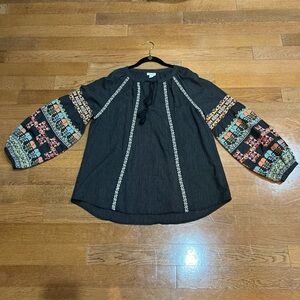 Sundance Black Embroidered Long Sleeve Blouse Sz XL Aztec Boho Hippie Southweste